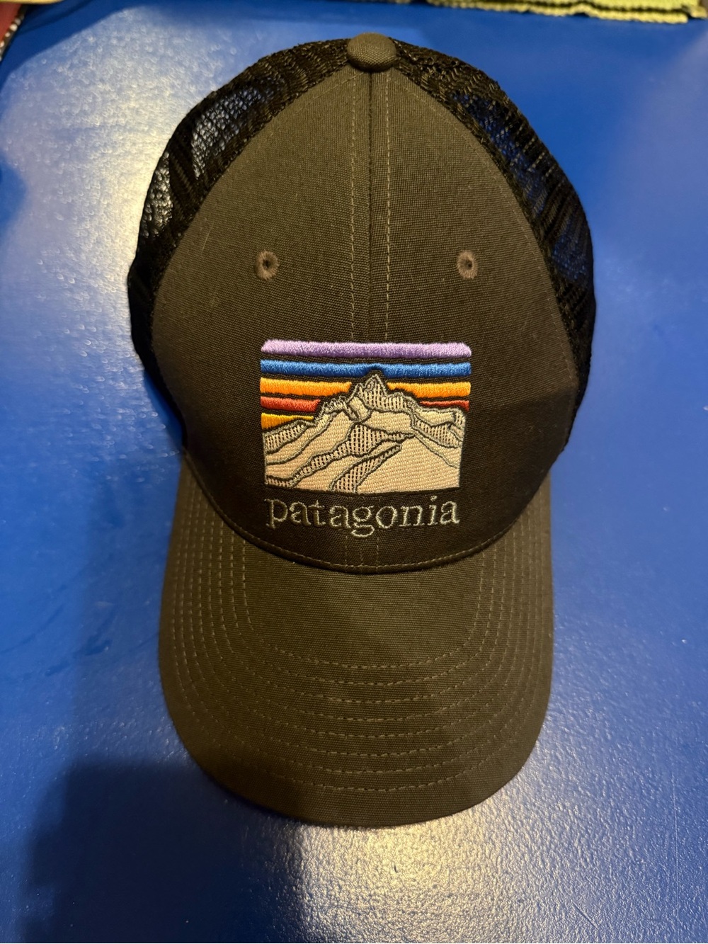 Patagonia Line Logo Ridge LoPro Trucker Hat Black Mountain Sunset Mesh